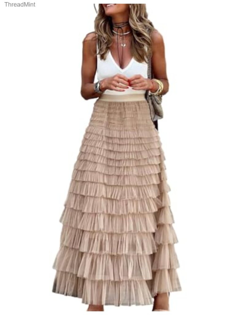 High Waisted A-Line Fluffy Tulle Skirt Layered Mesh Ruffle Skirt